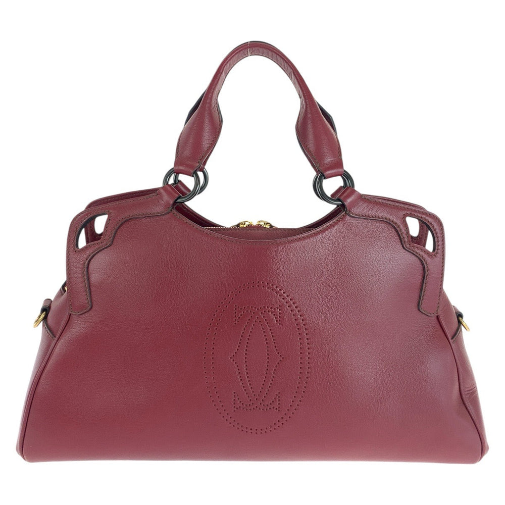 CARTIER Tote Bag leather Wine Red Bordeaux Gold Metal Tote Bag Shoulder Bag 2way Marcello Women Used Authentic
