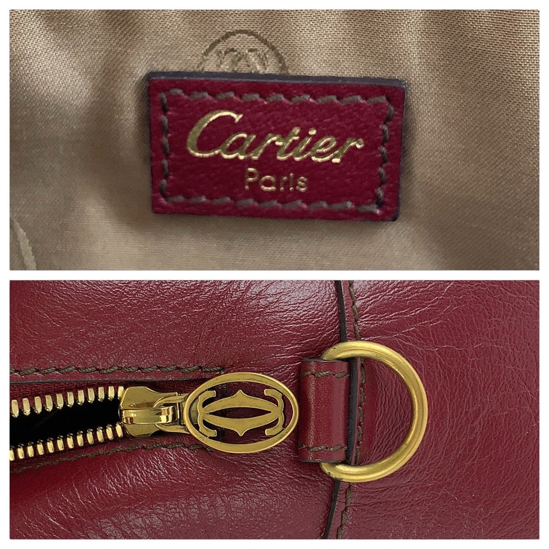 CARTIER Tote Bag leather Wine Red Bordeaux Gold Metal Tote Bag Shoulder Bag 2way Marcello Women Used Authentic