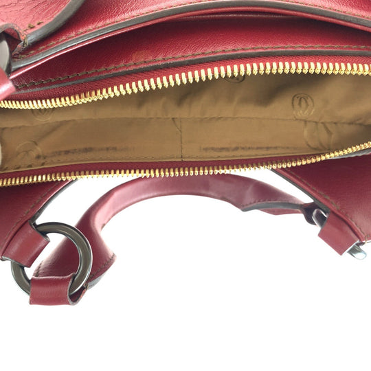 CARTIER Tote Bag leather Wine Red Bordeaux Gold Metal Tote Bag Shoulder Bag 2way Marcello Women Used Authentic