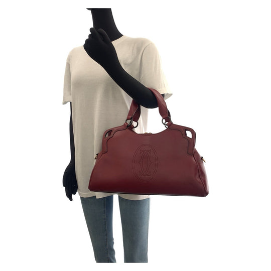 CARTIER Tote Bag leather Wine Red Bordeaux Gold Metal Tote Bag Shoulder Bag 2way Marcello Women Used Authentic