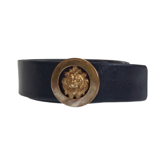 CHANEL belt leather black Belt buckle Lion Women Used Authentic