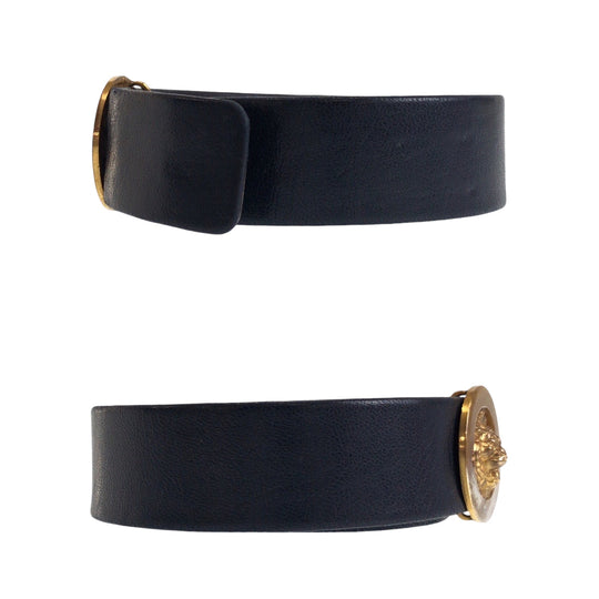 CHANEL belt leather black Belt buckle Lion Women Used Authentic