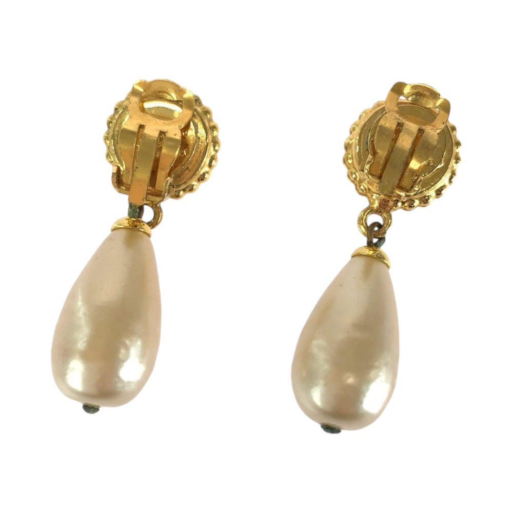 CHANEL Earring Plating, Fake Pearl Black gold Swing Earrings Camelia Women Used Authentic