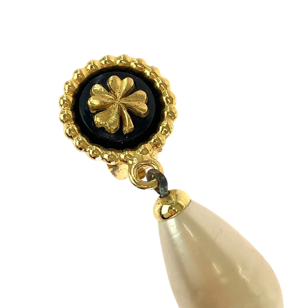 CHANEL Earring Plating, Fake Pearl Black gold Swing Earrings Camelia Women Used Authentic