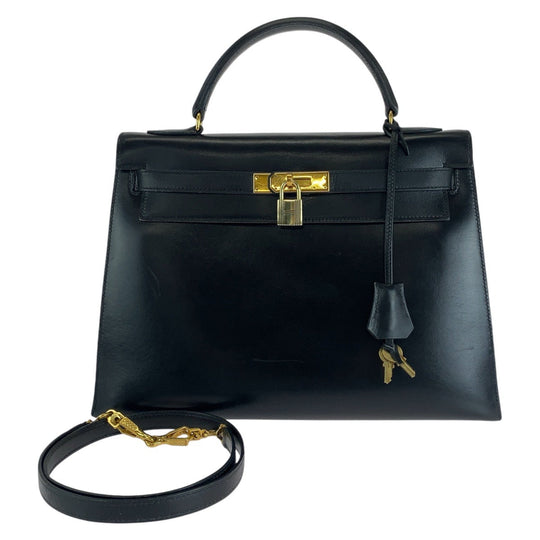 HERMES Handbag Box scarf Black Gold Metal Handbag Shoulder Bag 2way Kelly 32 outside sewing Women Used Authentic