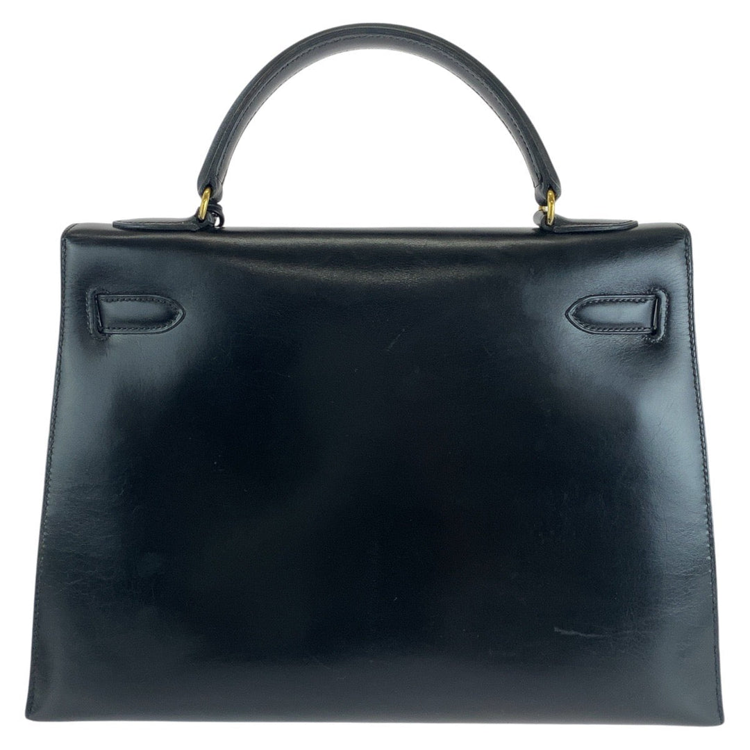 HERMES Handbag Box scarf Black Gold Metal Handbag Shoulder Bag 2way Kelly 32 outside sewing Women Used Authentic