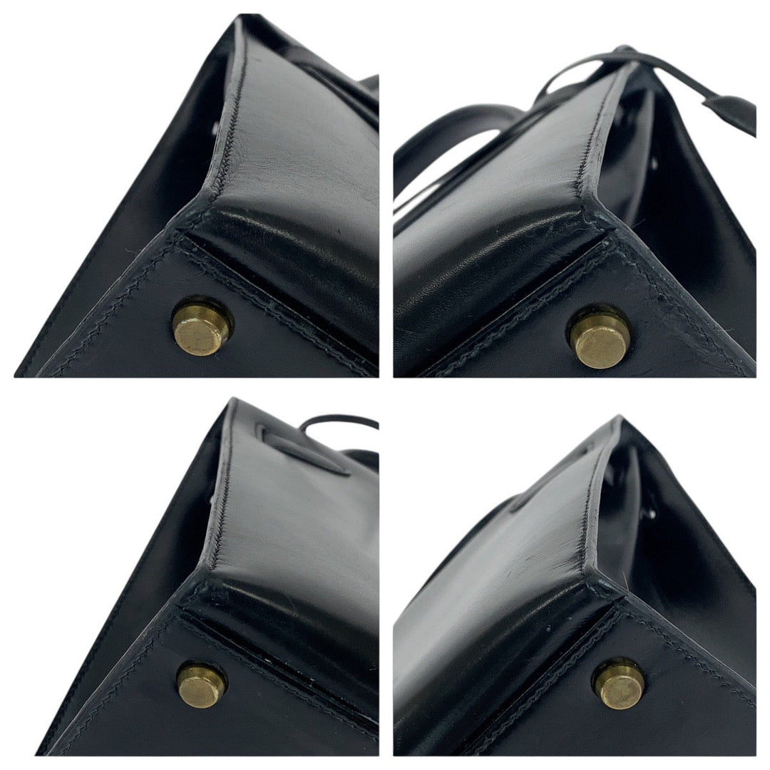 HERMES Handbag Box scarf Black Gold Metal Handbag Shoulder Bag 2way Kelly 32 outside sewing Women Used Authentic