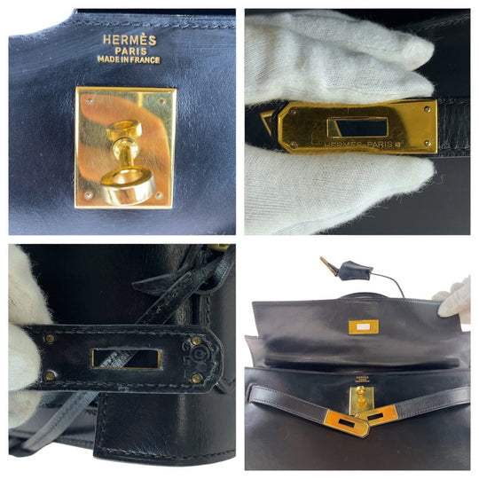 HERMES Handbag Box scarf Black Gold Metal Handbag Shoulder Bag 2way Kelly 32 outside sewing Women Used Authentic