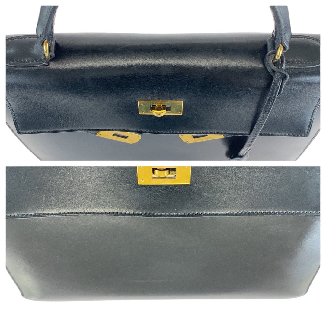 HERMES Handbag Box scarf Black Gold Metal Handbag Shoulder Bag 2way Kelly 32 outside sewing Women Used Authentic
