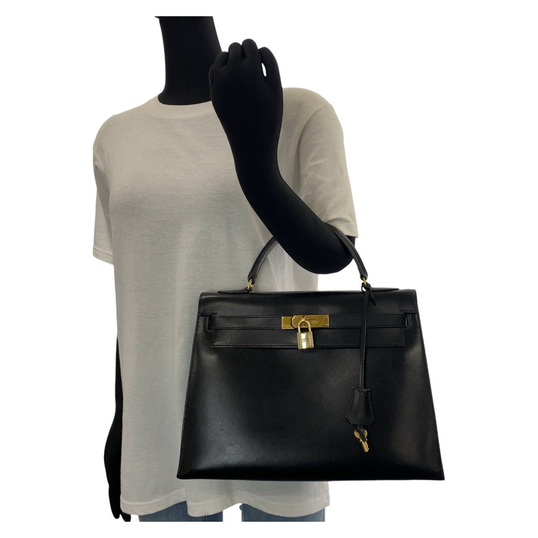 HERMES Handbag Box scarf Black Gold Metal Handbag Shoulder Bag 2way Kelly 32 outside sewing Women Used Authentic