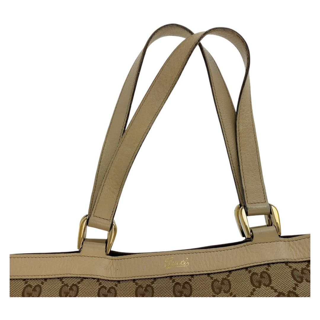 GUCCI Tote Bag 141472 GG canvas, leather Beige Gold Metal Tote Bag Shoulder Bag Women Used Authentic
