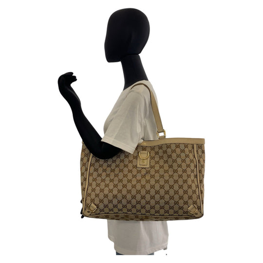 GUCCI Tote Bag 141472 GG canvas, leather Beige Gold Metal Tote Bag Shoulder Bag Women Used Authentic
