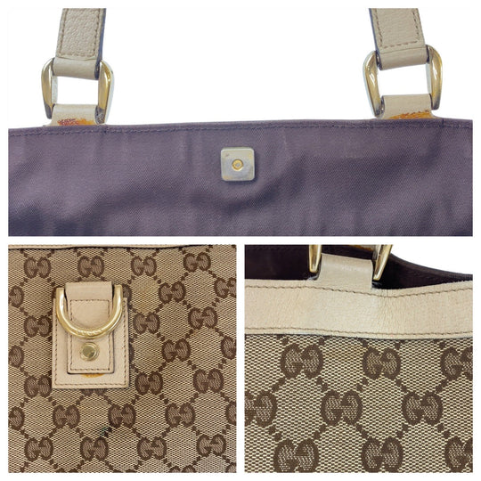 GUCCI Tote Bag 141472 GG canvas, leather Beige Gold Metal Tote Bag Shoulder Bag Women Used Authentic