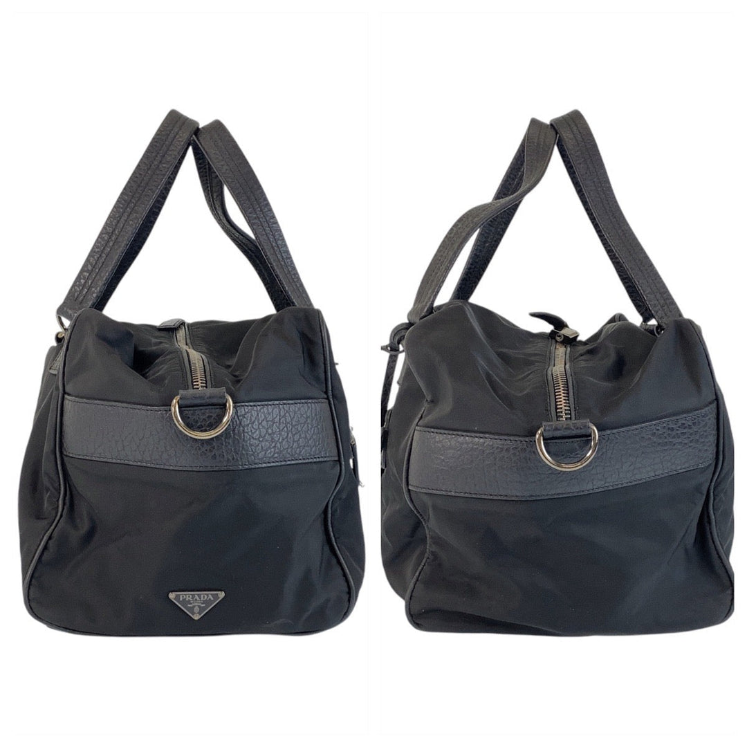 PRADA Boston Duffel bag Nylon, Leather Black SilverMetal Boston Duffel bag, handbag, unisex, 2way Triangle With logo Women Used Authentic