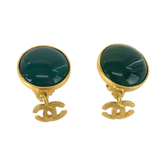 CHANEL Earring Plating, Natural Stone Green gold Earring Gripoa COCO Mark Women Used Authentic