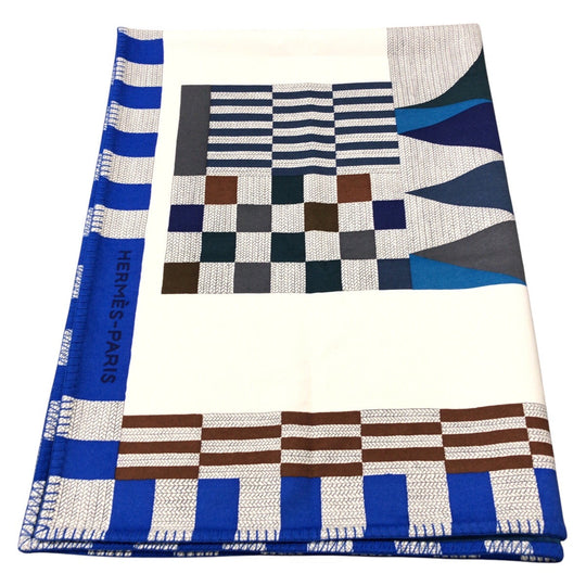 HERMES Other fashion goods cashmere Blue white Blanket Unisex Cheval Natte Plaid Blanket Women Used Authentic
