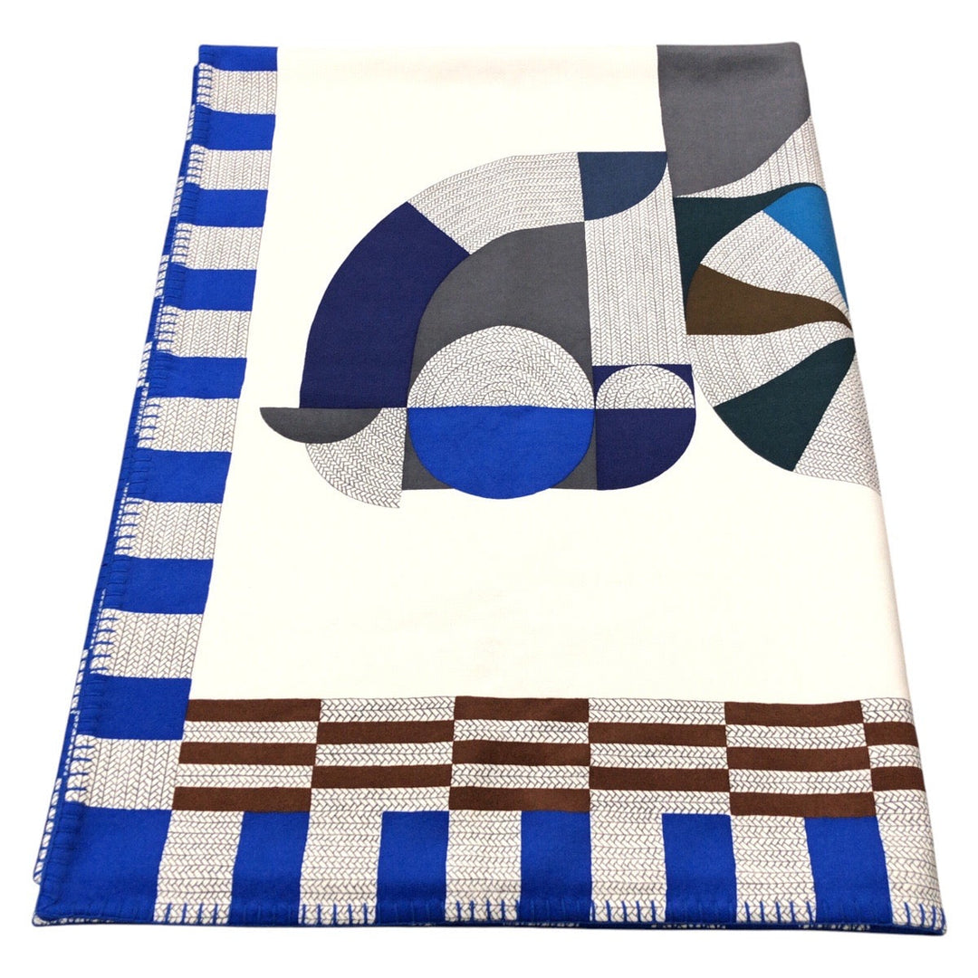 HERMES Other fashion goods cashmere Blue white Blanket Unisex Cheval Natte Plaid Blanket Women Used Authentic