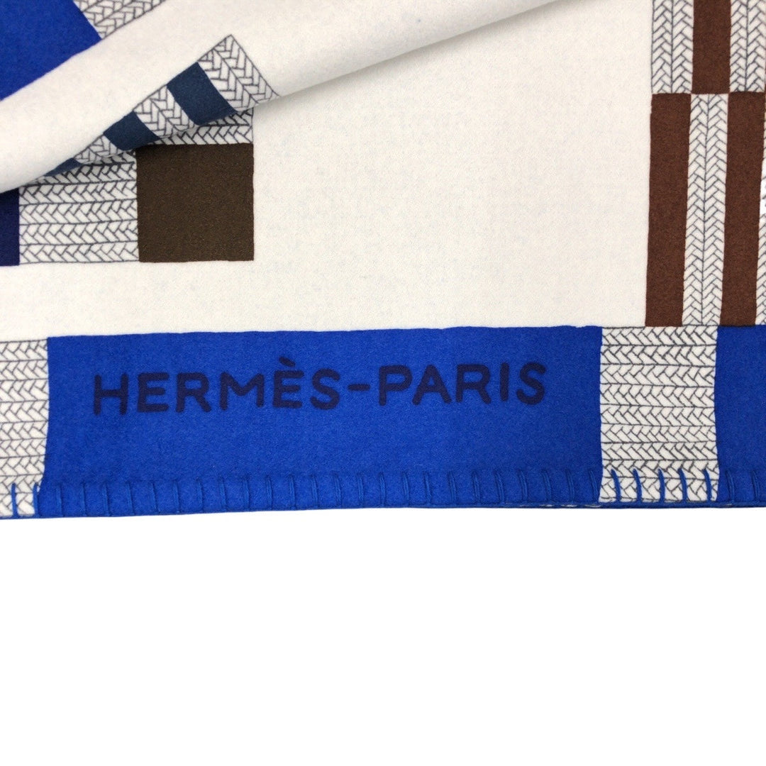 HERMES Other fashion goods cashmere Blue white Blanket Unisex Cheval Natte Plaid Blanket Women Used Authentic