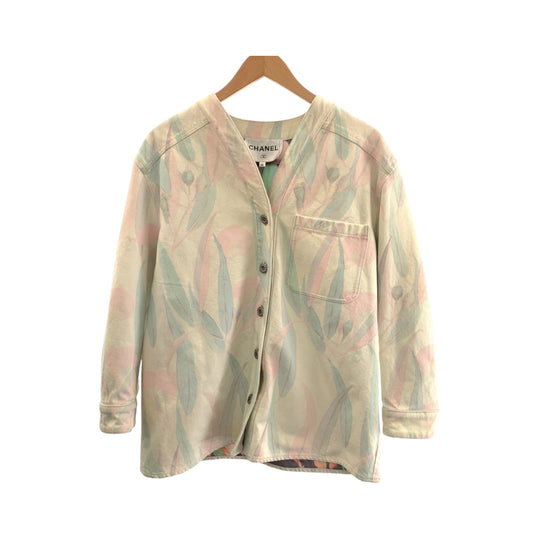 CHANEL Denim Jacket P62659V48435 denim Pink pastel color Denim jacket, collarless jacket, coverall Botanical COCO Mark Women 36 Used Authentic