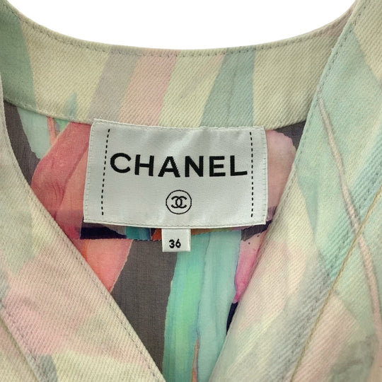 CHANEL Denim Jacket P62659V48435 denim Pink pastel color Denim jacket, collarless jacket, coverall Botanical COCO Mark Women 36 Used Authentic