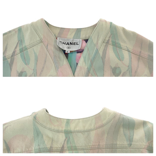 CHANEL Denim Jacket P62659V48435 denim Pink pastel color Denim jacket, collarless jacket, coverall Botanical COCO Mark Women 36 Used Authentic
