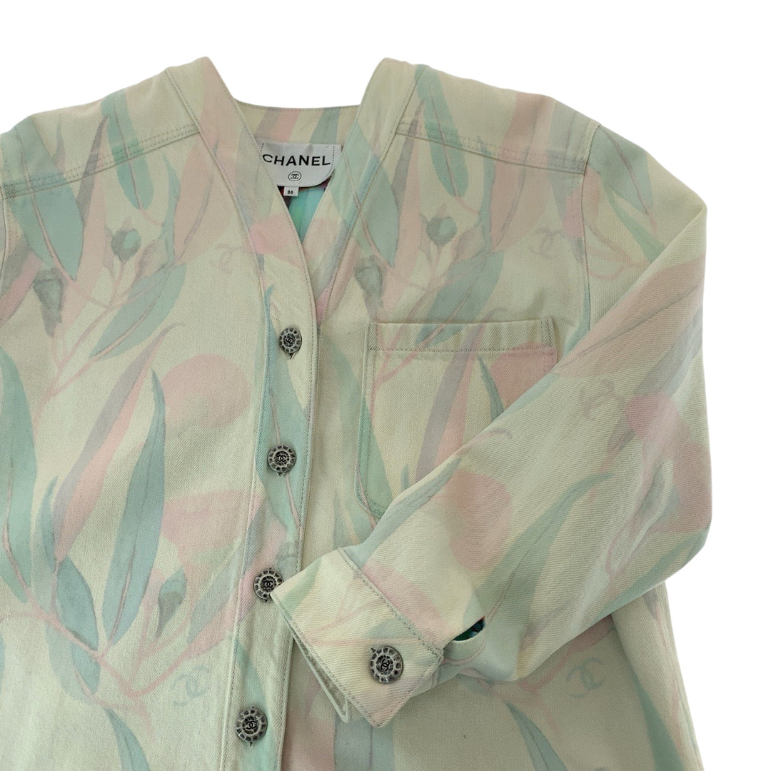 CHANEL Denim Jacket P62659V48435 denim Pink pastel color Denim jacket, collarless jacket, coverall Botanical COCO Mark Women 36 Used Authentic