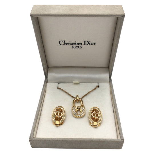 Dior Necklace metal gold Necklace Earring set Rhinestone Women Used Authentic
