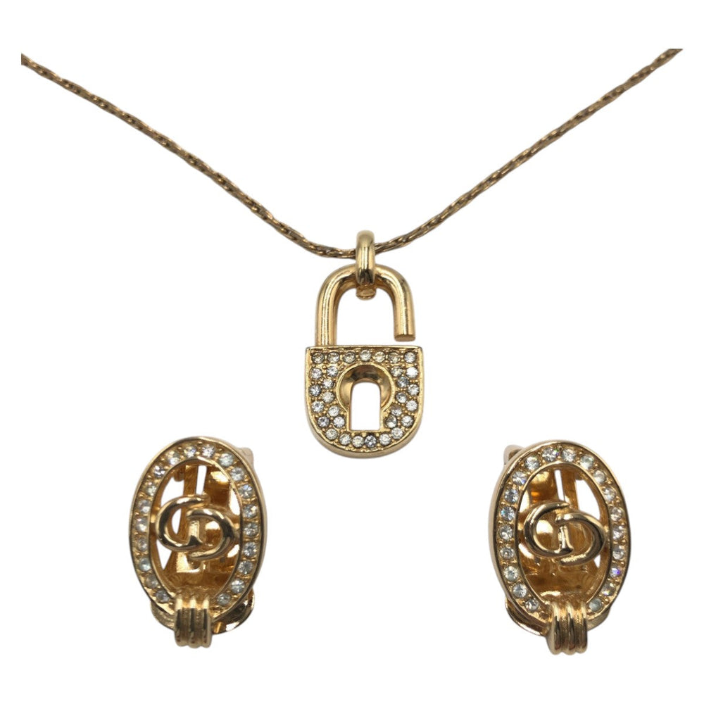 Dior Necklace metal gold Necklace Earring set Rhinestone Women Used Authentic