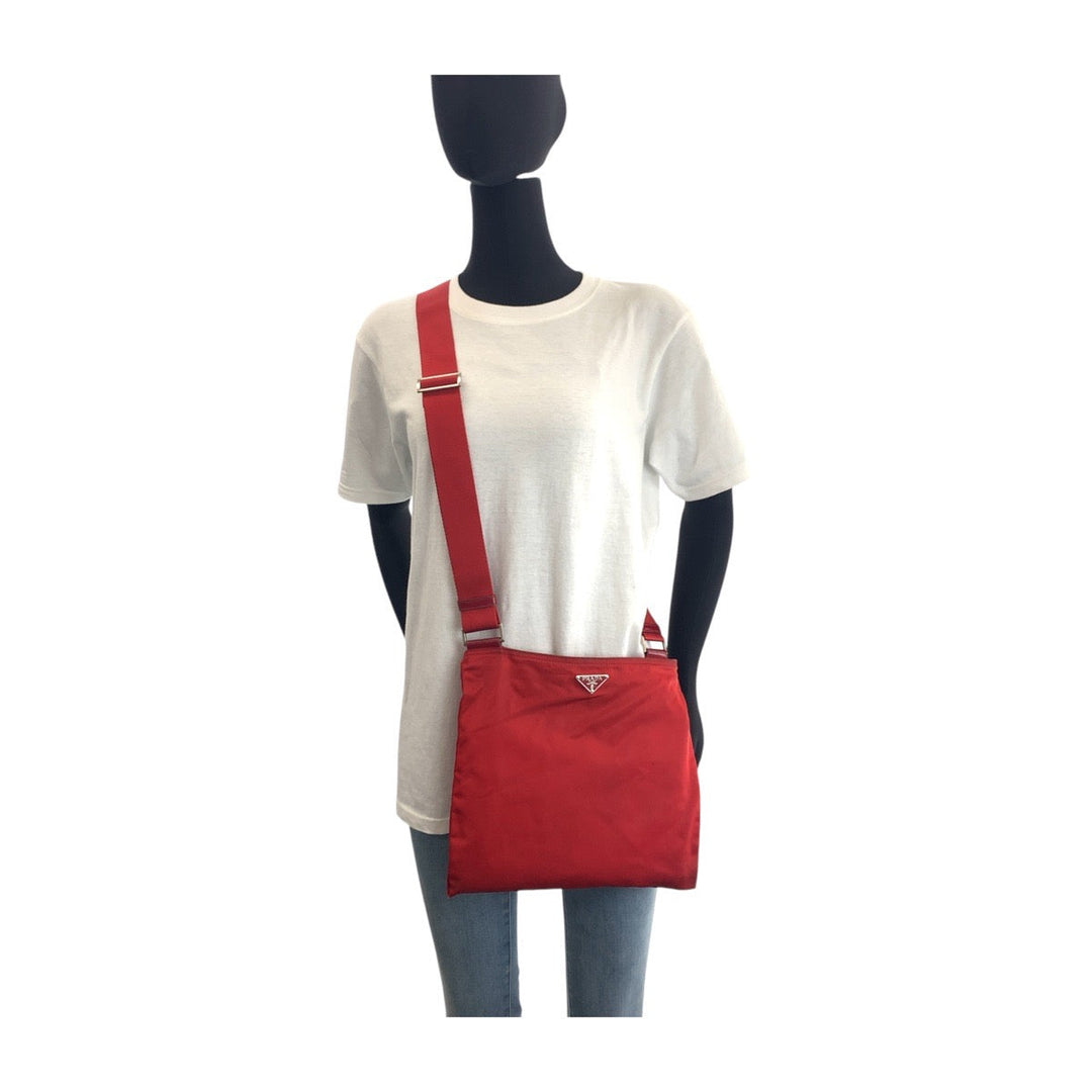 PRADA Shoulder Bag Nylon Red Silver Metal Crossbody Shoulder Bag Test Triangle With logo Women Used Authentic