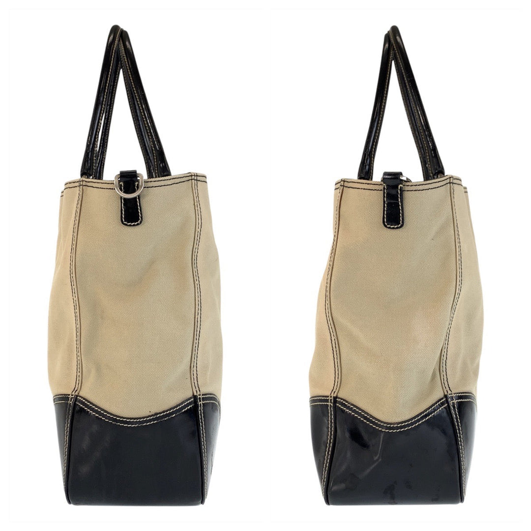 PRADA Tote Bag Canvas, enamel Beige Black SilverMetal Tote Bag Shoulder Bag Triangle With logo Women Used Authentic