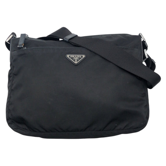 PRADA Shoulder Bag Nylon Black SilverMetal Shoulder Bag Test Triangle With logo mens Used Authentic
