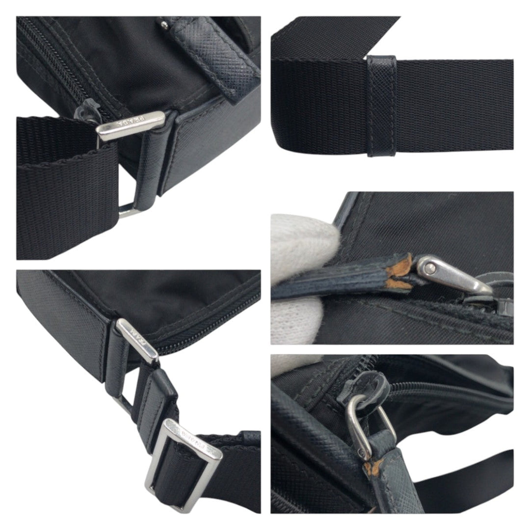 PRADA Shoulder Bag Nylon Black SilverMetal Shoulder Bag Test Triangle With logo mens Used Authentic