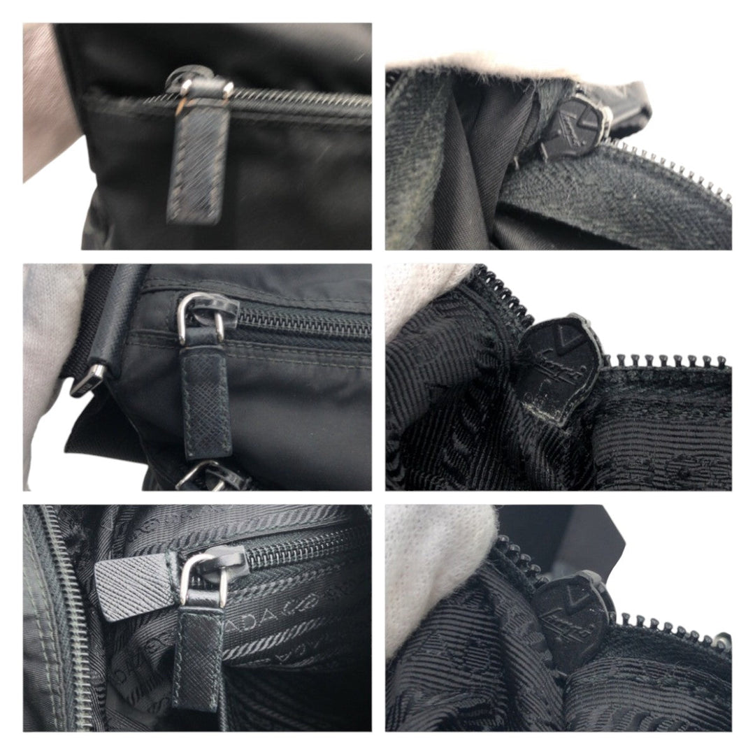 PRADA Shoulder Bag Nylon Black SilverMetal Shoulder Bag Test Triangle With logo mens Used Authentic