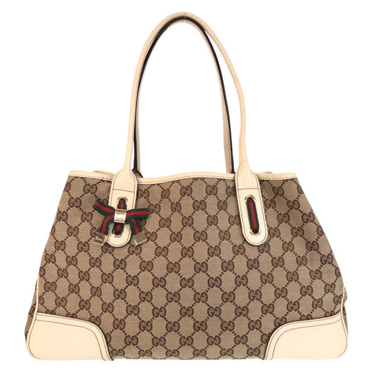 GUCCI Tote Bag 163805 GG canvas, leather Beige white Tote Bag Shoulder Bag Pretty Women Used Authentic