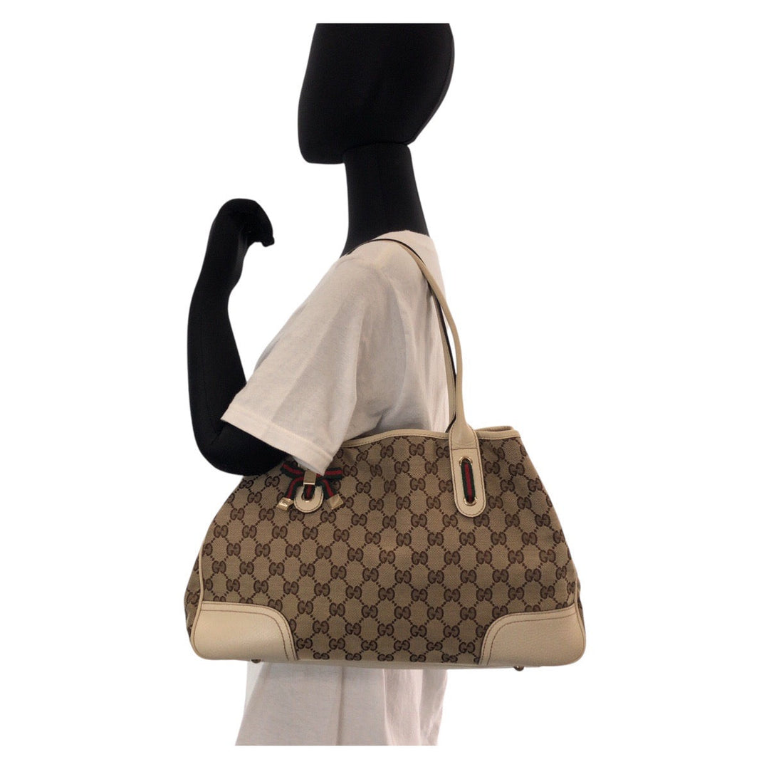 GUCCI Tote Bag 163805 GG canvas, leather Beige white Tote Bag Shoulder Bag Pretty Women Used Authentic