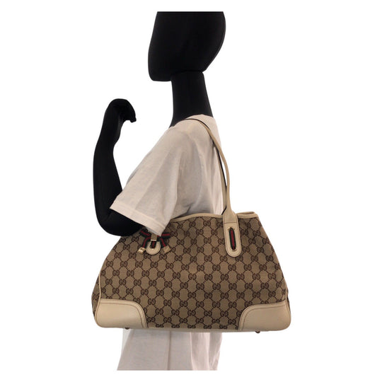 GUCCI Tote Bag 163805 GG canvas, leather Beige white Tote Bag Shoulder Bag Pretty Women Used Authentic
