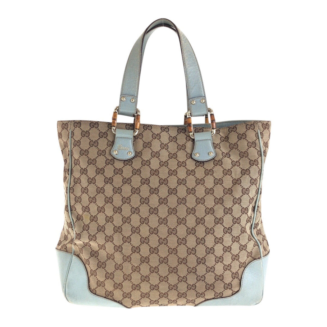 GUCCI Tote Bag 154375 GG canvas, leather Beige light blue Tote Bag handbag Women Used Authentic
