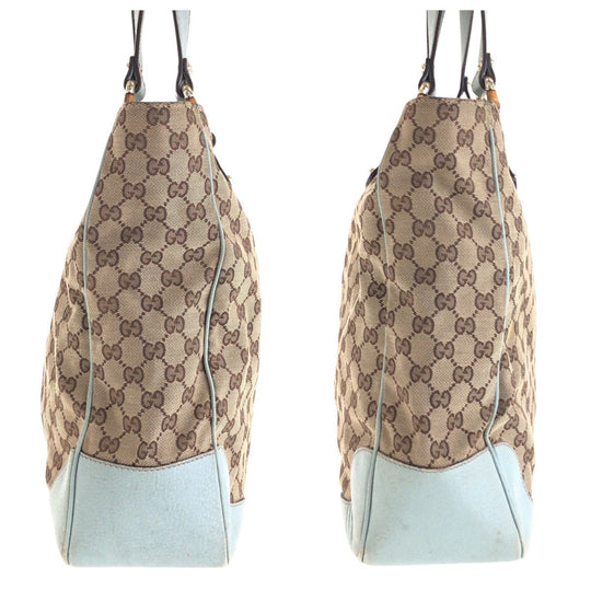 GUCCI Tote Bag 154375 GG canvas, leather Beige light blue Tote Bag handbag Women Used Authentic