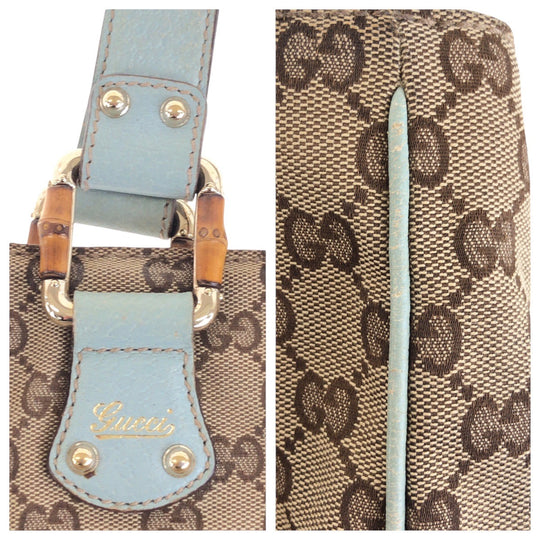 GUCCI Tote Bag 154375 GG canvas, leather Beige light blue Tote Bag handbag Women Used Authentic