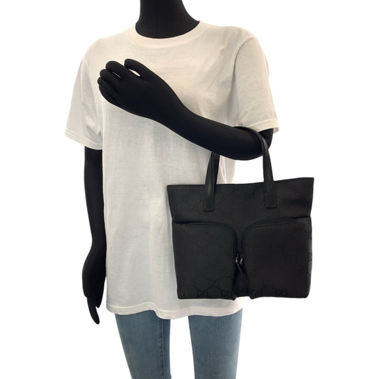 GUCCI Tote Bag 105650 GG canvas black Tote Bag handbag W pocket Women Used Authentic