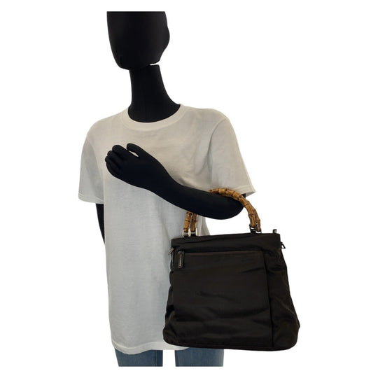 GUCCI Handbag 002 2058 0508 5 Nylon, Bamboo Brown Silver Metal Handbag Shoulder Bag 2way Bamboo Women Used Authentic
