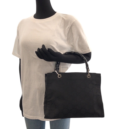GUCCI Tote Bag 002 1015 GG canvas Black Silver Metal Tote Bag handbag Bamboo Women Used Authentic