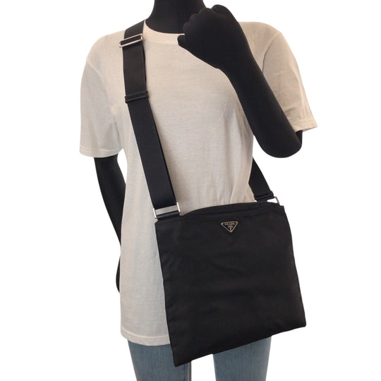 PRADA Shoulder Bag Nylon BlackSilverMetal Crossbody Shoulder Bag Test Triangle With logo Women Used Authentic