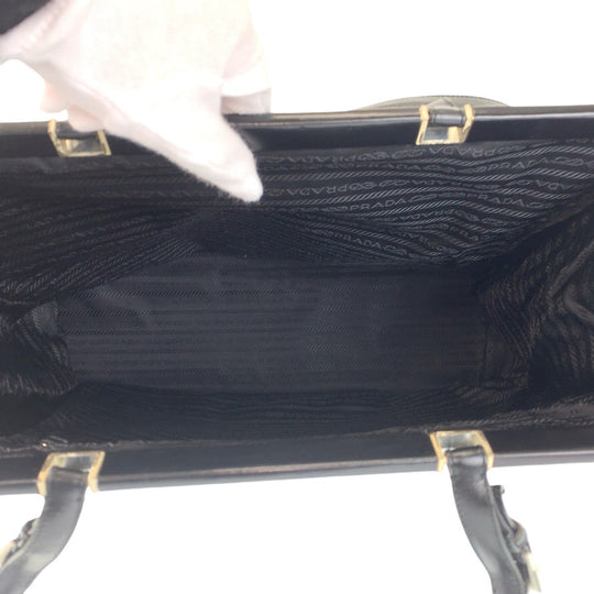 PRADA Tote Bag canvas BlackSilverMetal Tote Bag Shoulder Bag Triangle With logo Women Used Authentic