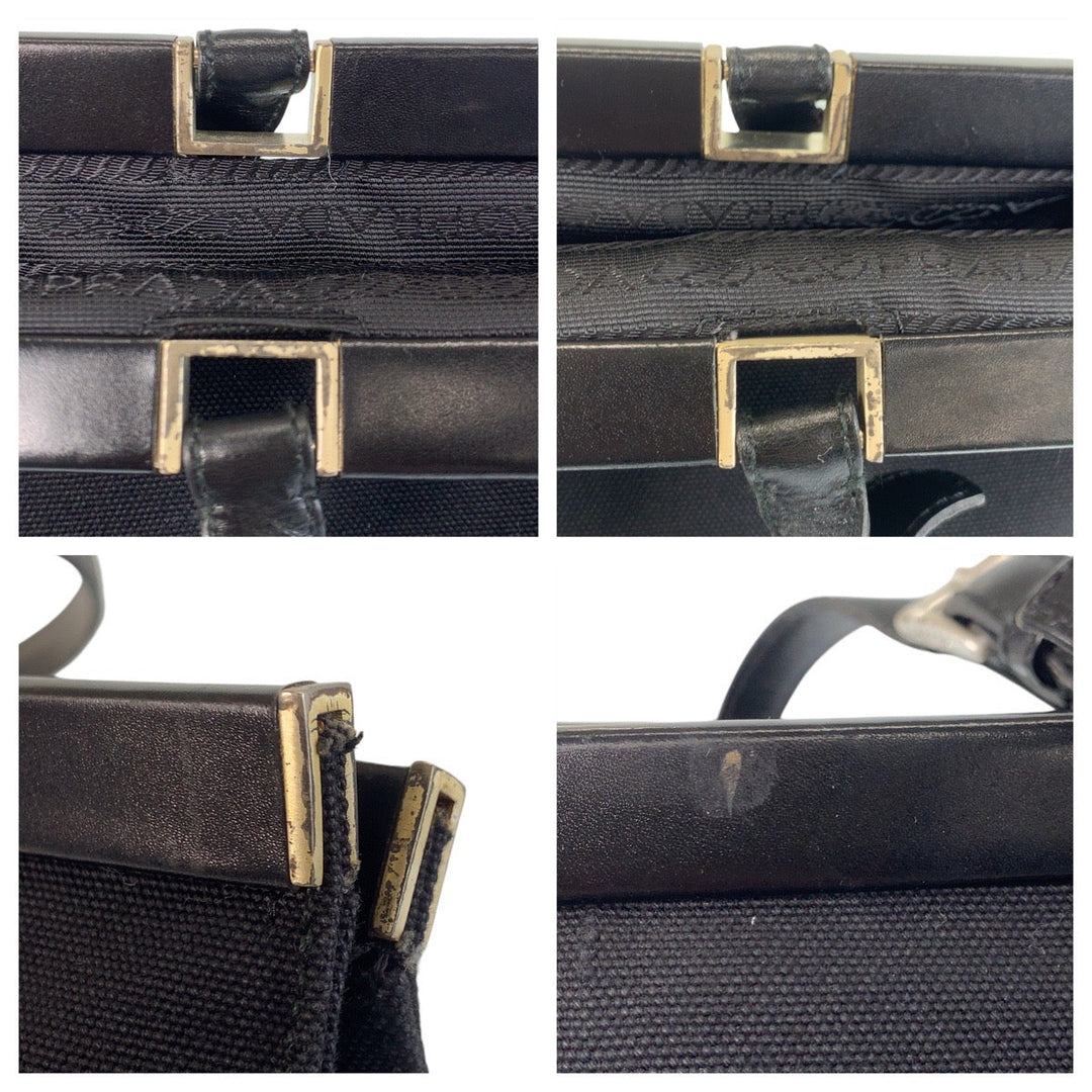 PRADA Tote Bag canvas BlackSilverMetal Tote Bag Shoulder Bag Triangle With logo Women Used Authentic