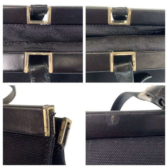 PRADA Tote Bag canvas BlackSilverMetal Tote Bag Shoulder Bag Triangle With logo Women Used Authentic