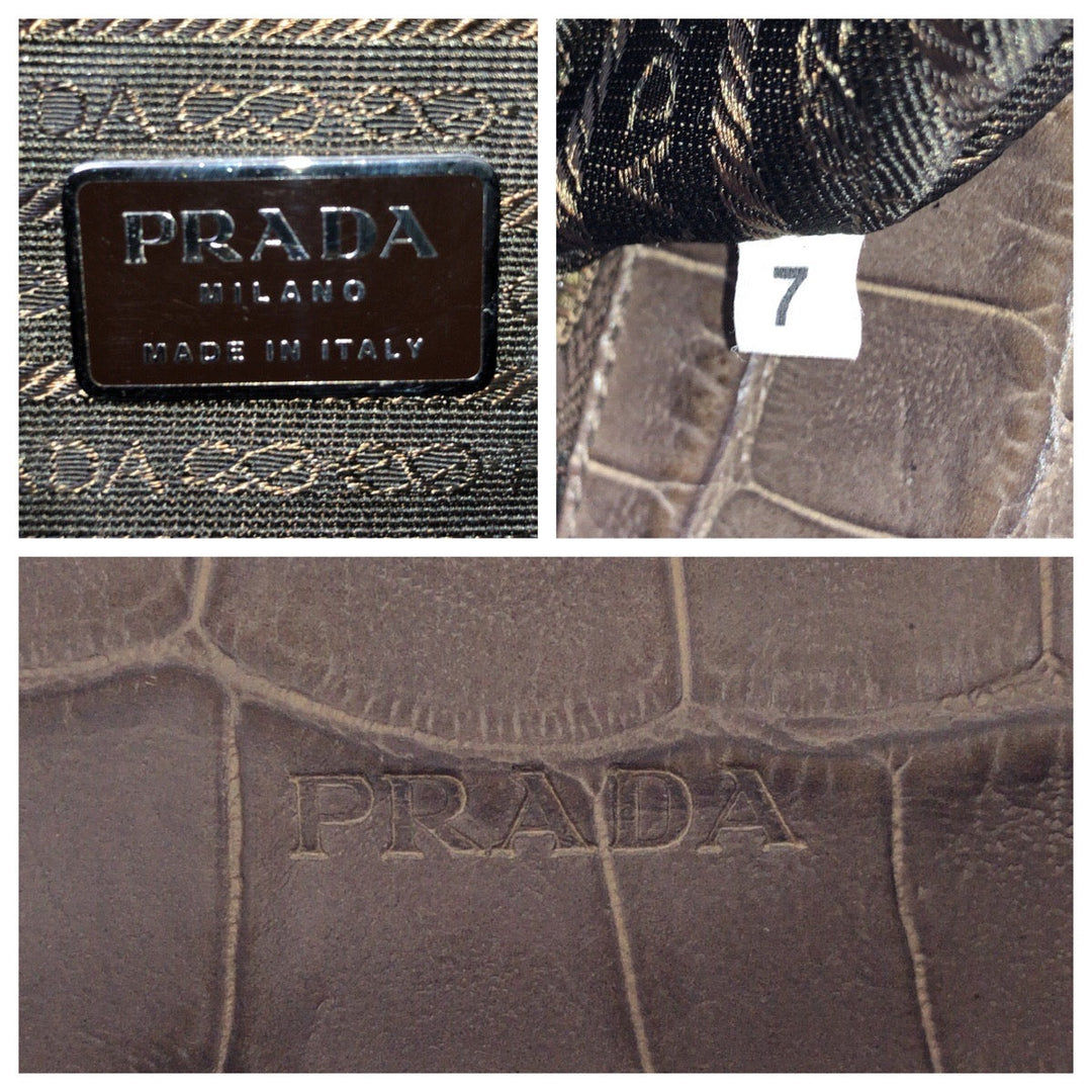 PRADA Handbag Nylon Grey SilverMetal Handbag Shoulder Bag Test Croco embossed Women Used Authentic