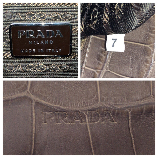 PRADA Handbag Nylon Grey SilverMetal Handbag Shoulder Bag Test Croco embossed Women Used Authentic