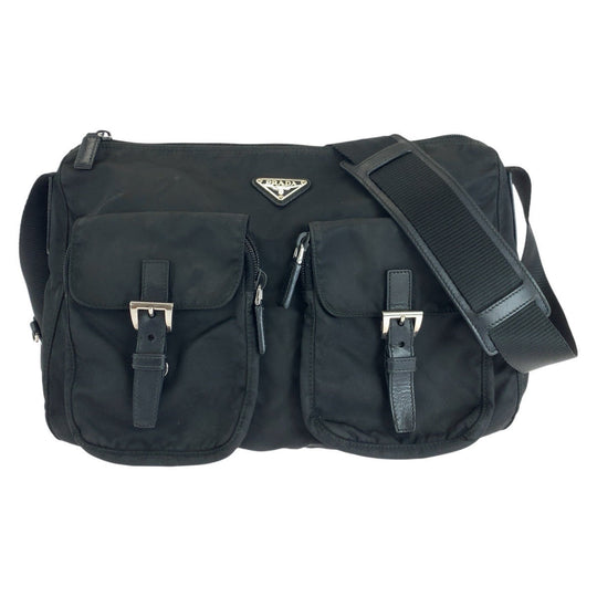 PRADA Shoulder Bag Nylon BlackSilverMetal Shoulder Bag Messenger Bag Unisex Test Triangle With logo Women Used Authentic