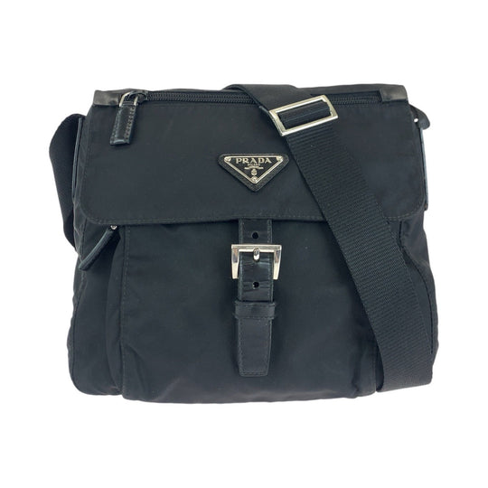 PRADA Shoulder Bag Nylon, Leather Black Silver Metal Shoulder Bag pochette Test Triangle With logo Women Used Authentic
